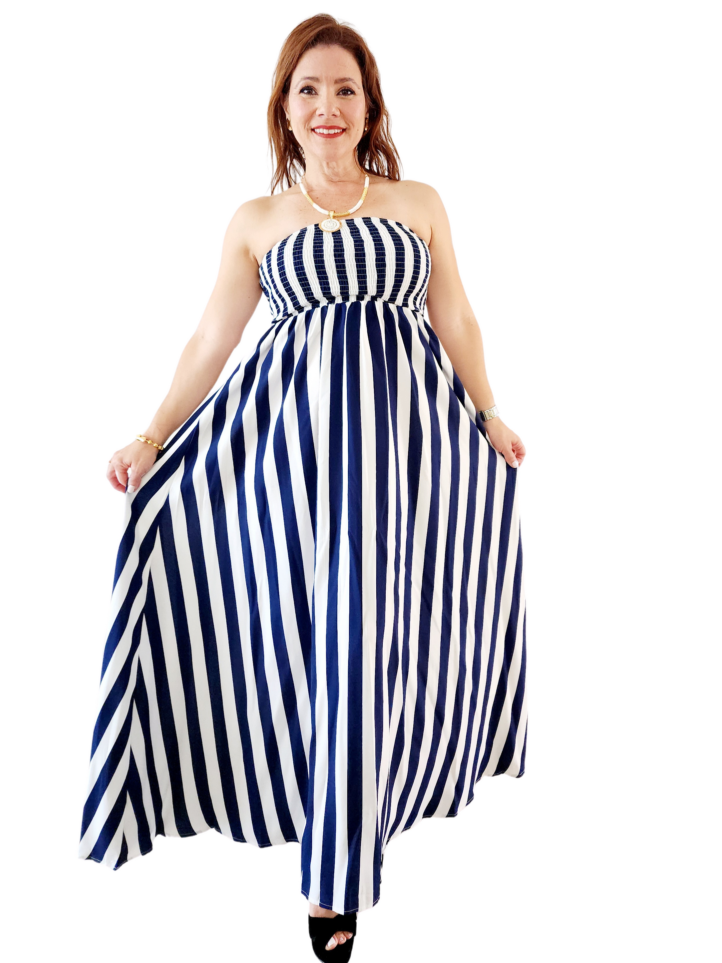 Traje Largo Strapless Azul y Blanco - Elegancia con Fluidez 🌊
