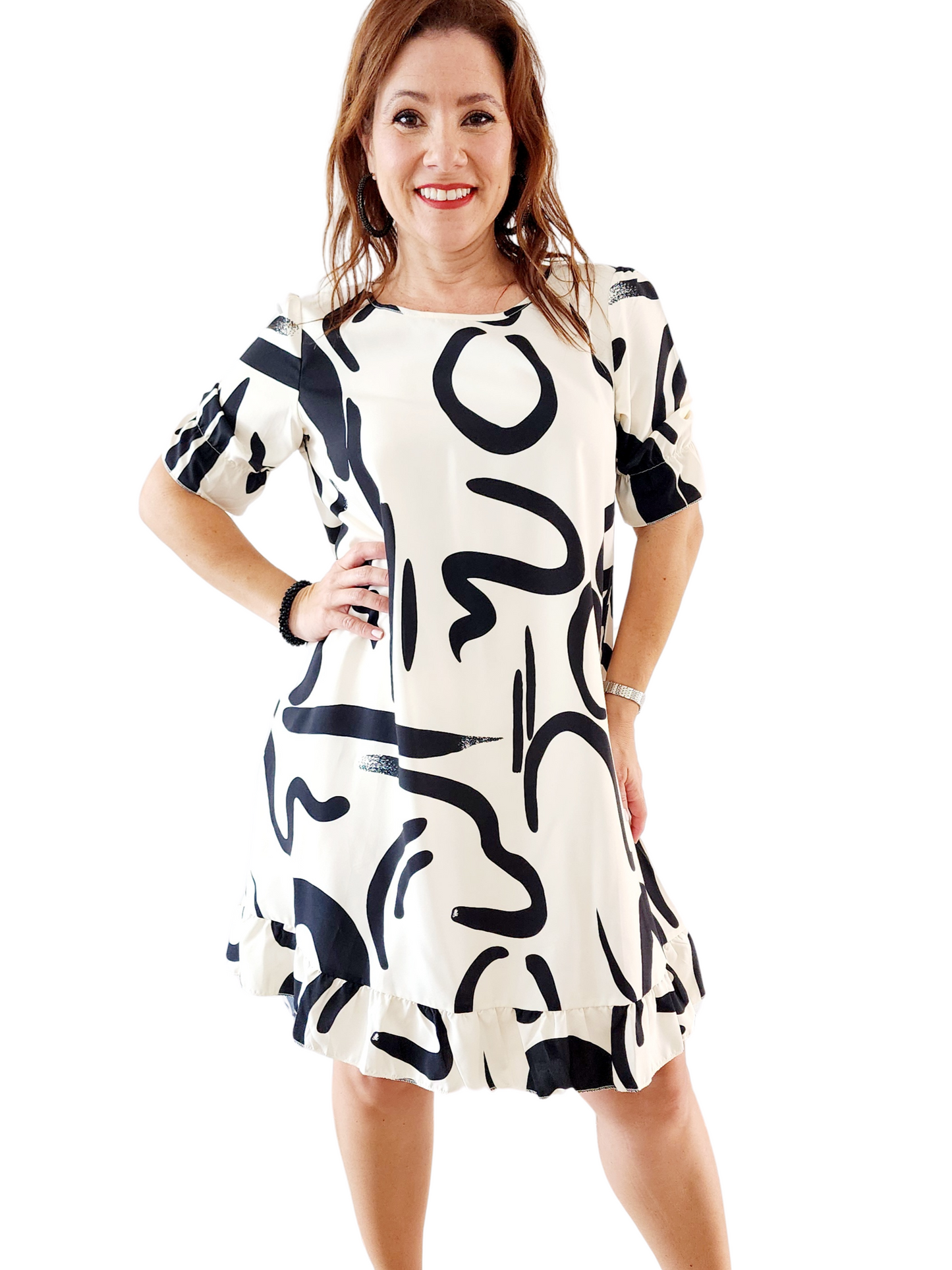 🤍Vestido Blanco Hueso con Detalles Negros y Volante - Manga Corta 🖤