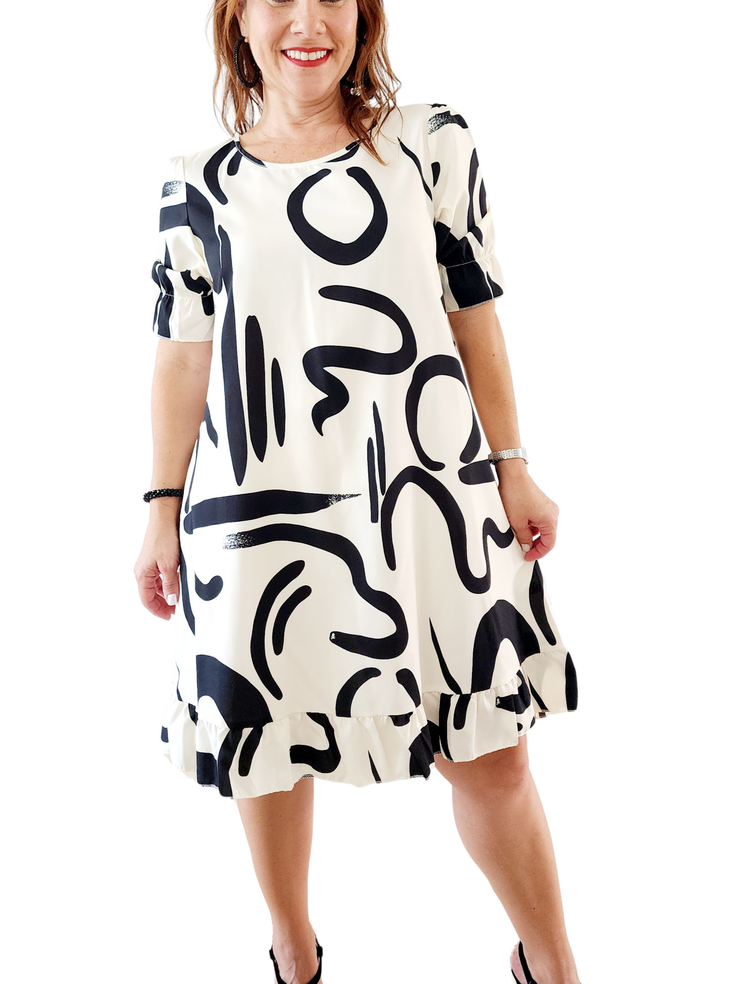🤍Vestido Blanco Hueso con Detalles Negros y Volante - Manga Corta 🖤