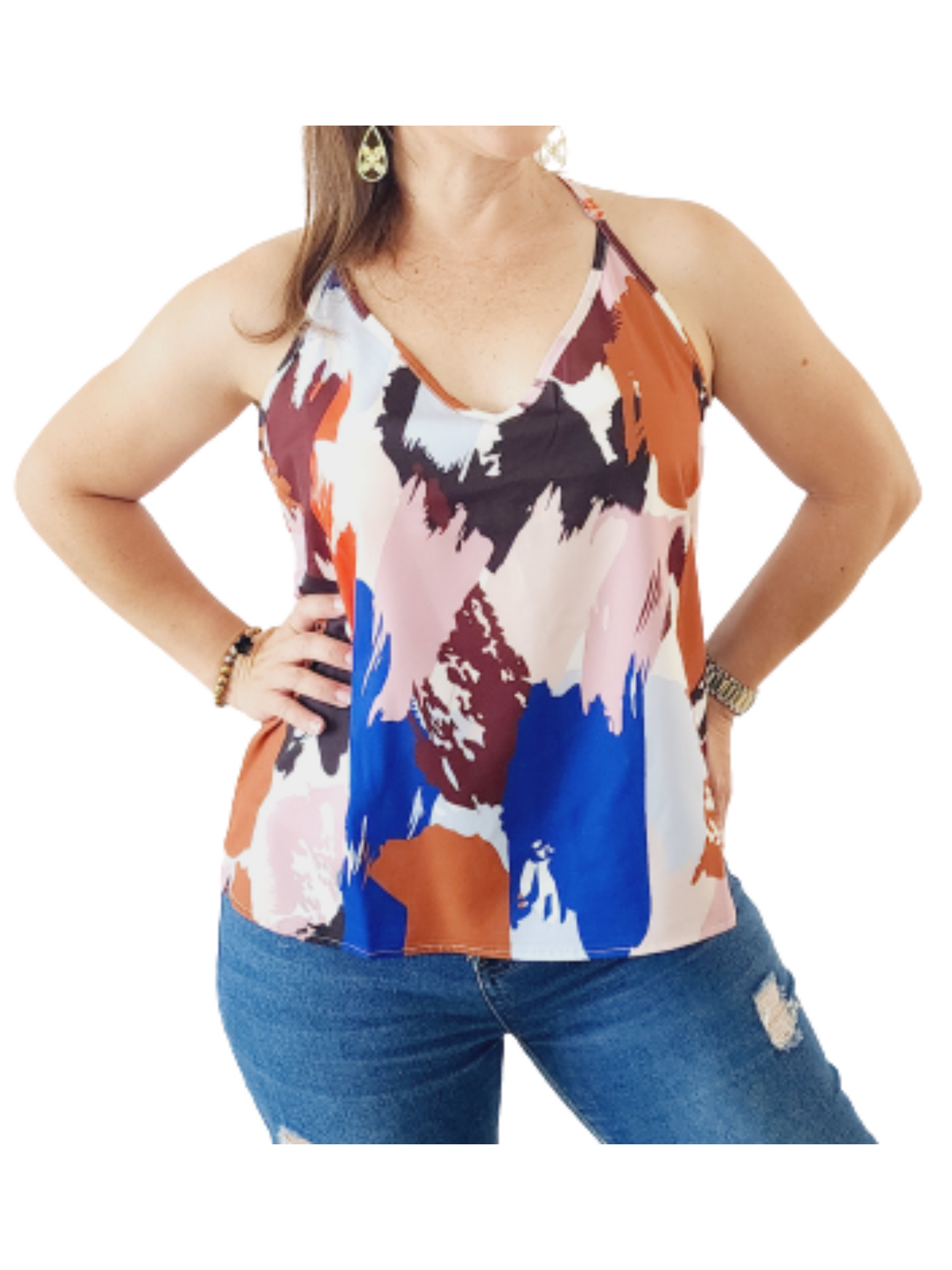 Multicolored top with spaghetti sleeves