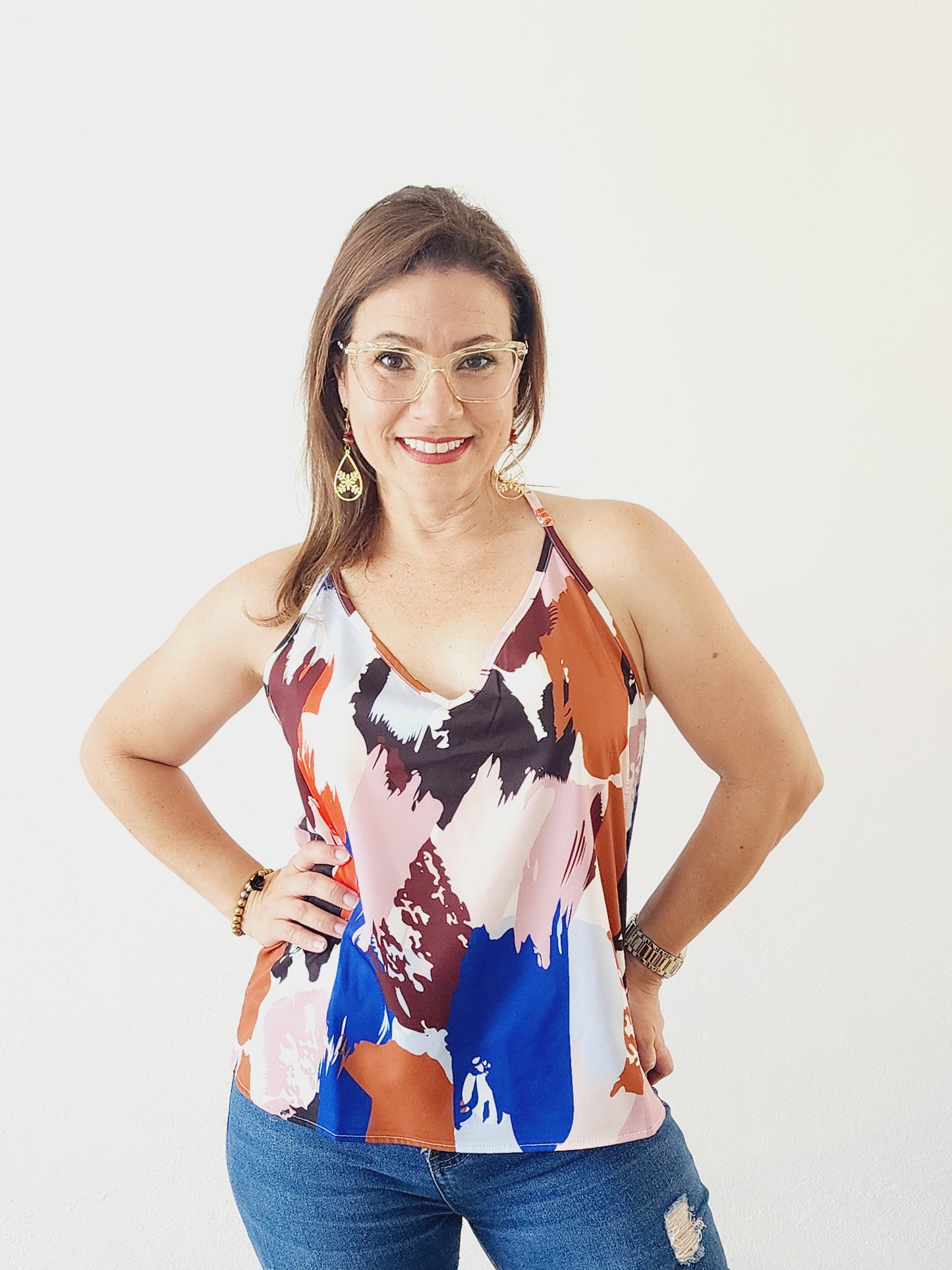 Multicolored top with spaghetti sleeves