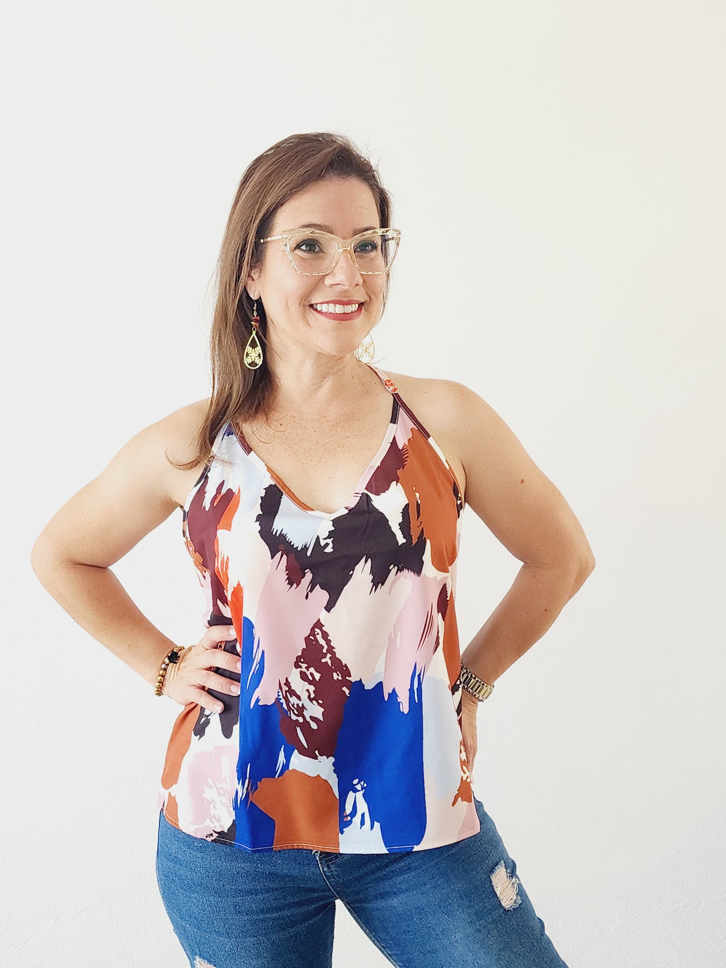 Multicolored top with spaghetti sleeves