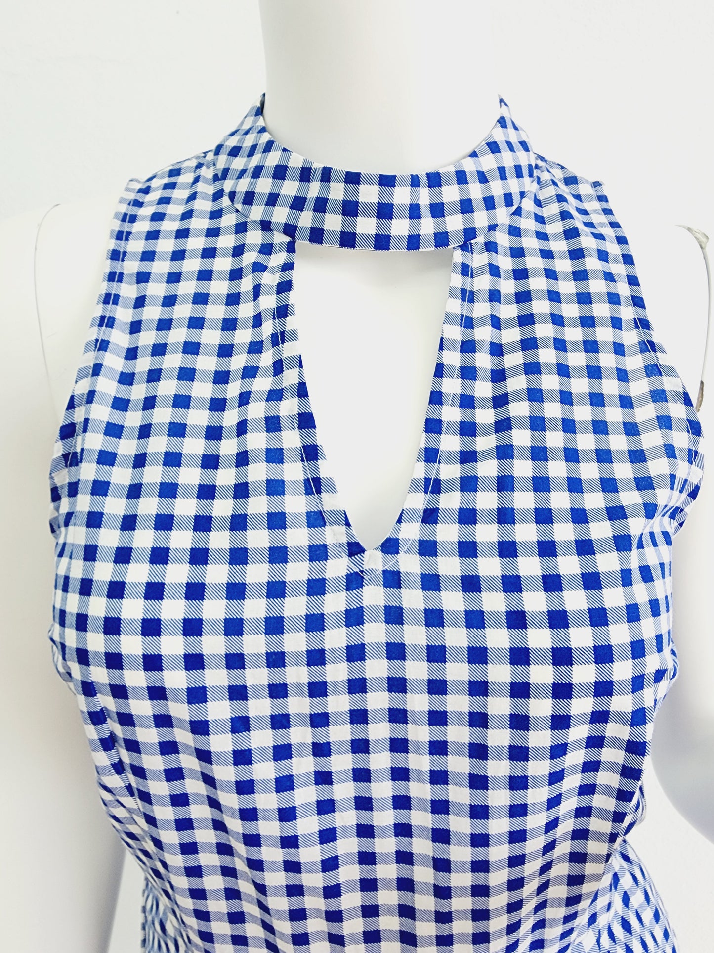 Blue and white checkered short romper, v neck