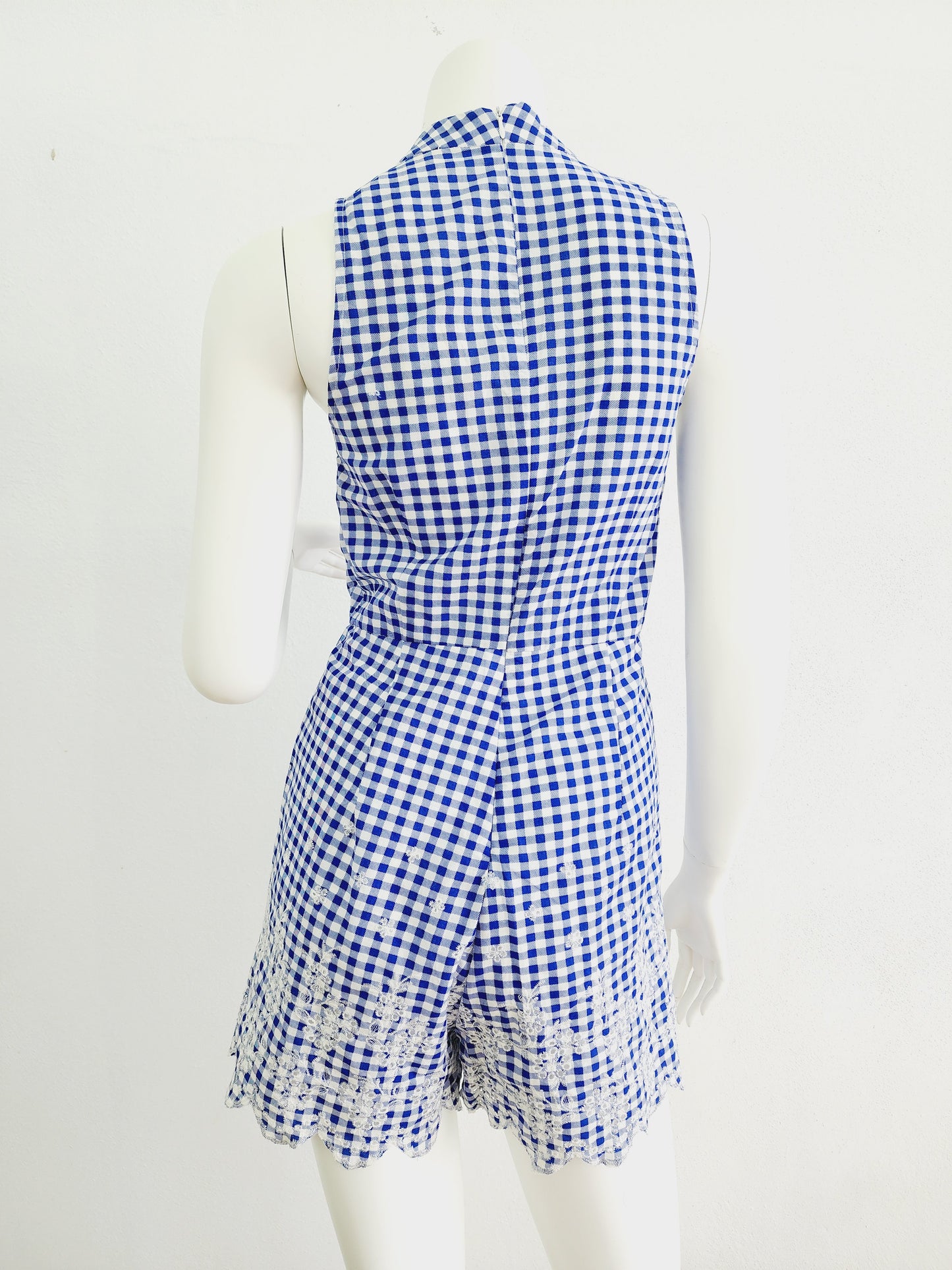 Blue and white checkered short romper, v neck