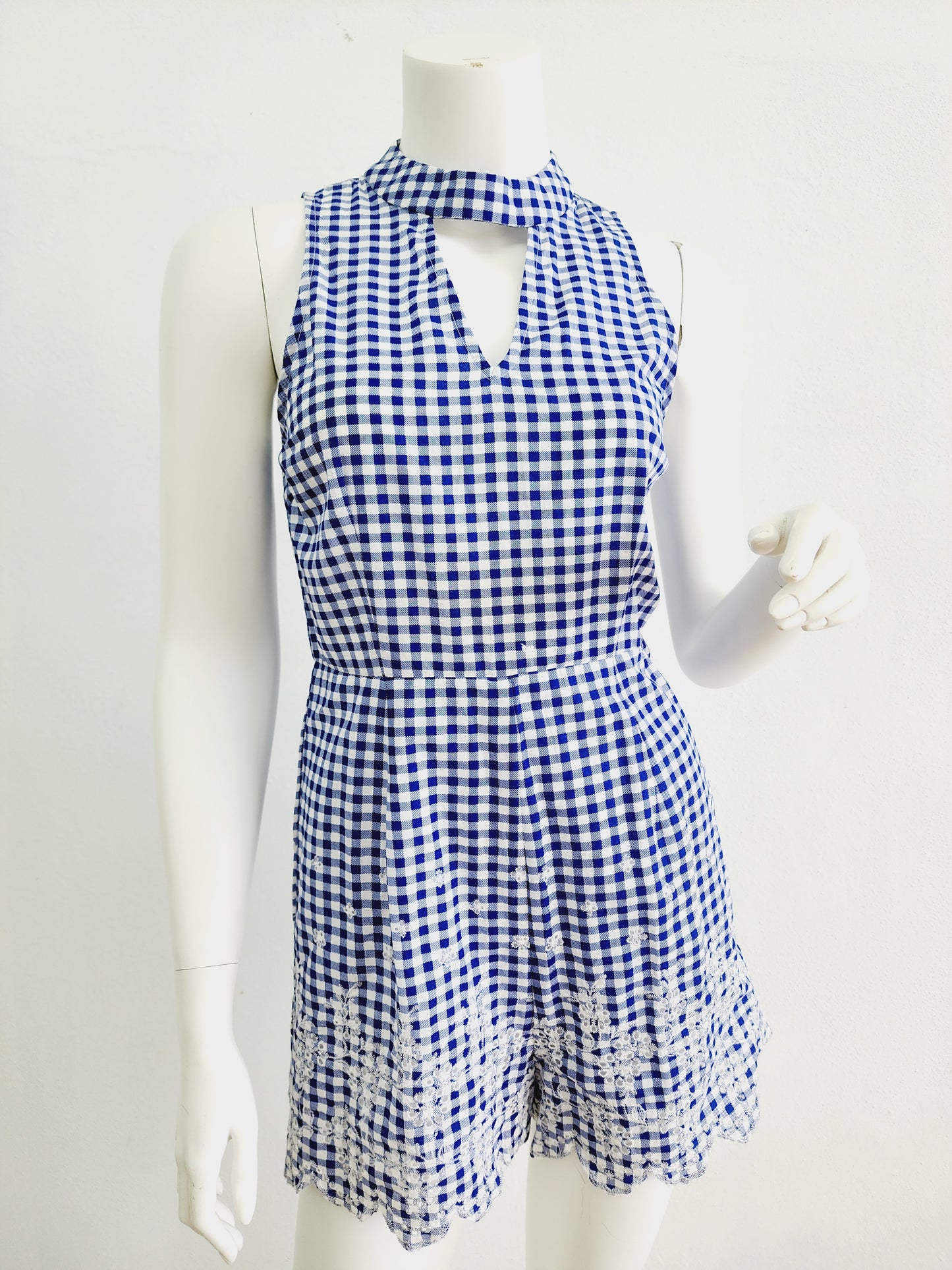 Blue and white checkered short romper, v neck