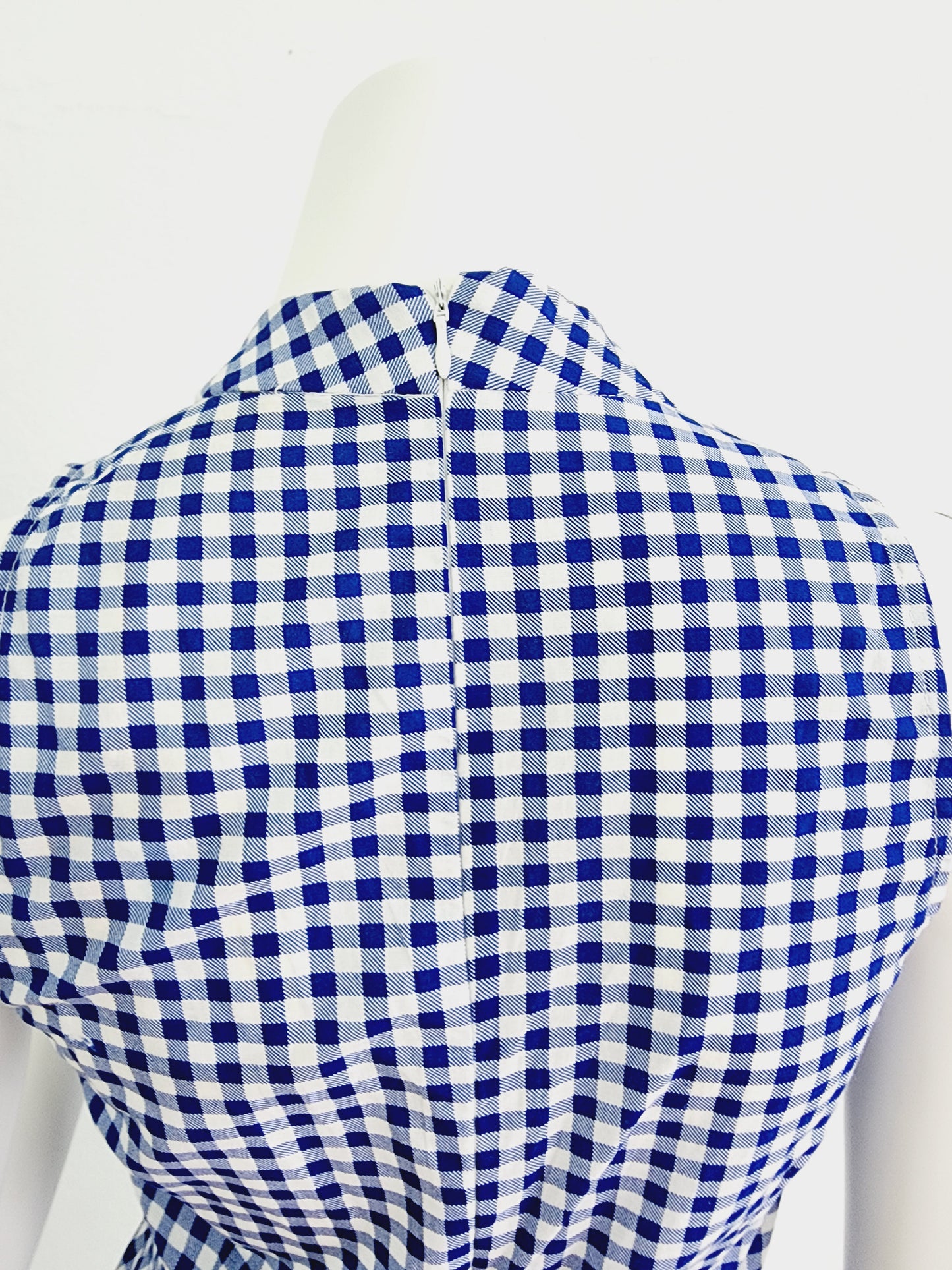 Blue and white checkered short romper, v neck