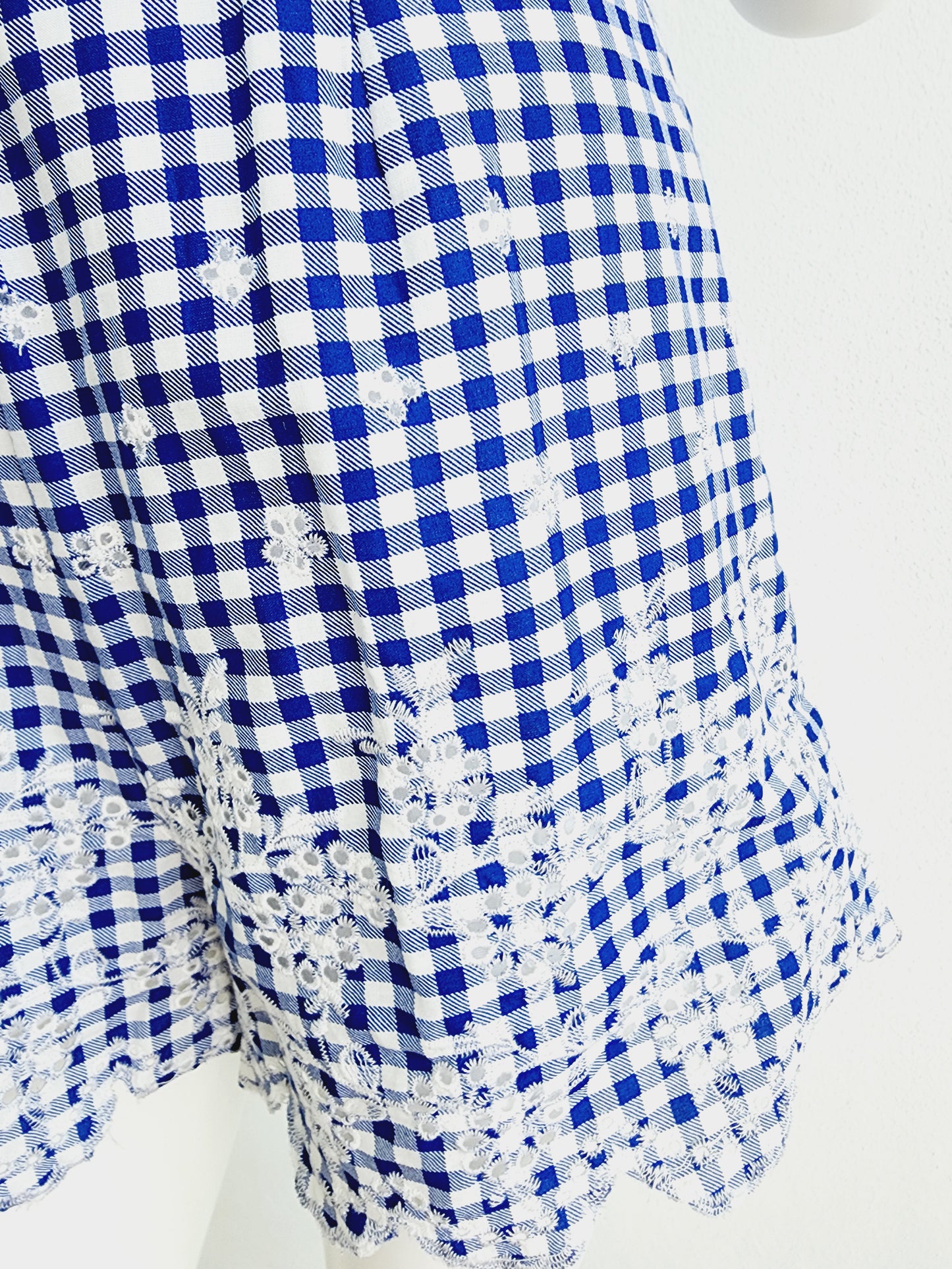 Blue and white checkered short romper, v neck