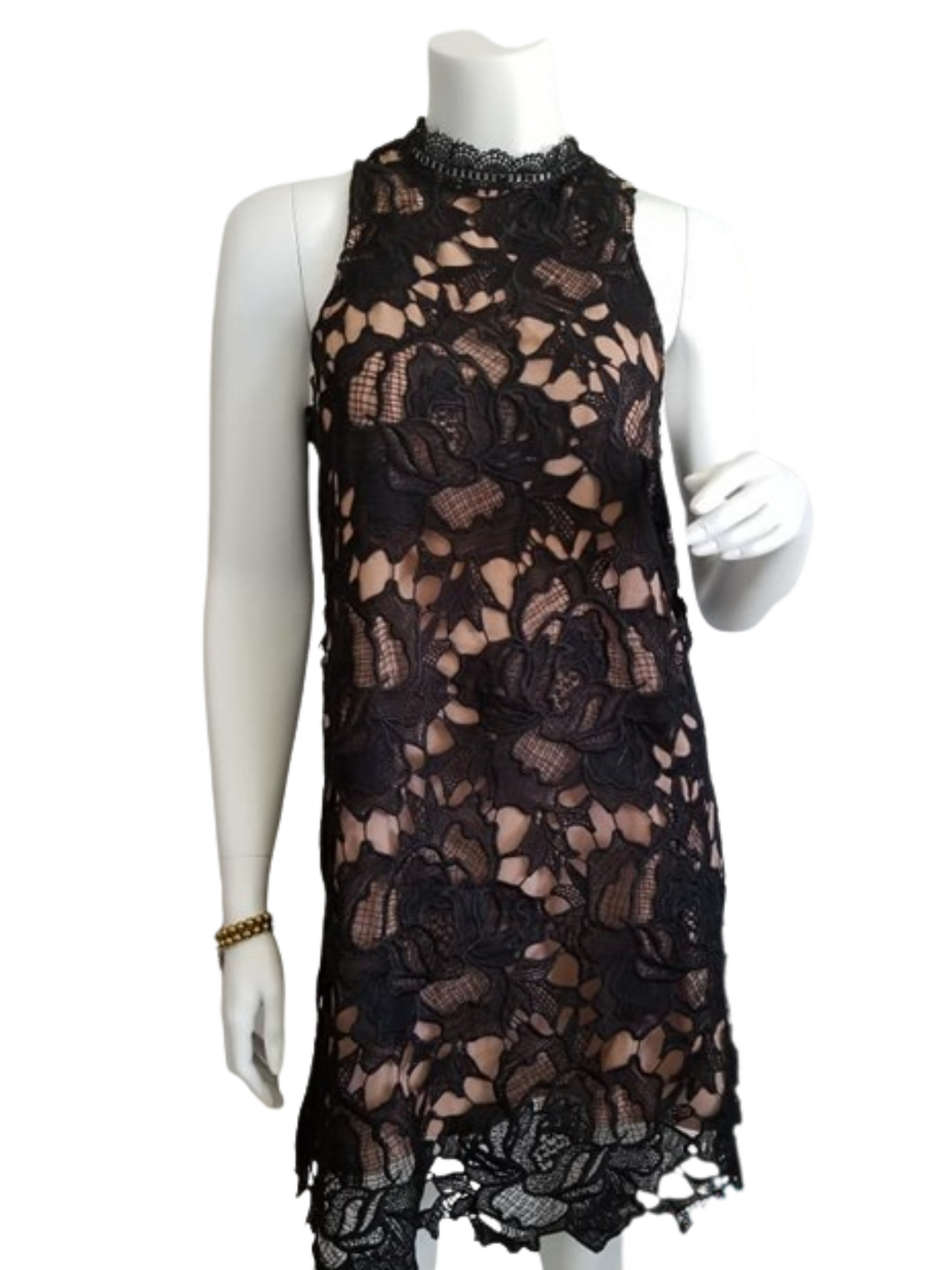 Black lace dress with cream lining and high neck, sleeveless
