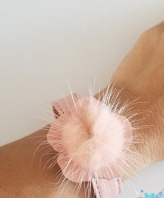 Pink leather bracelet with hairy top