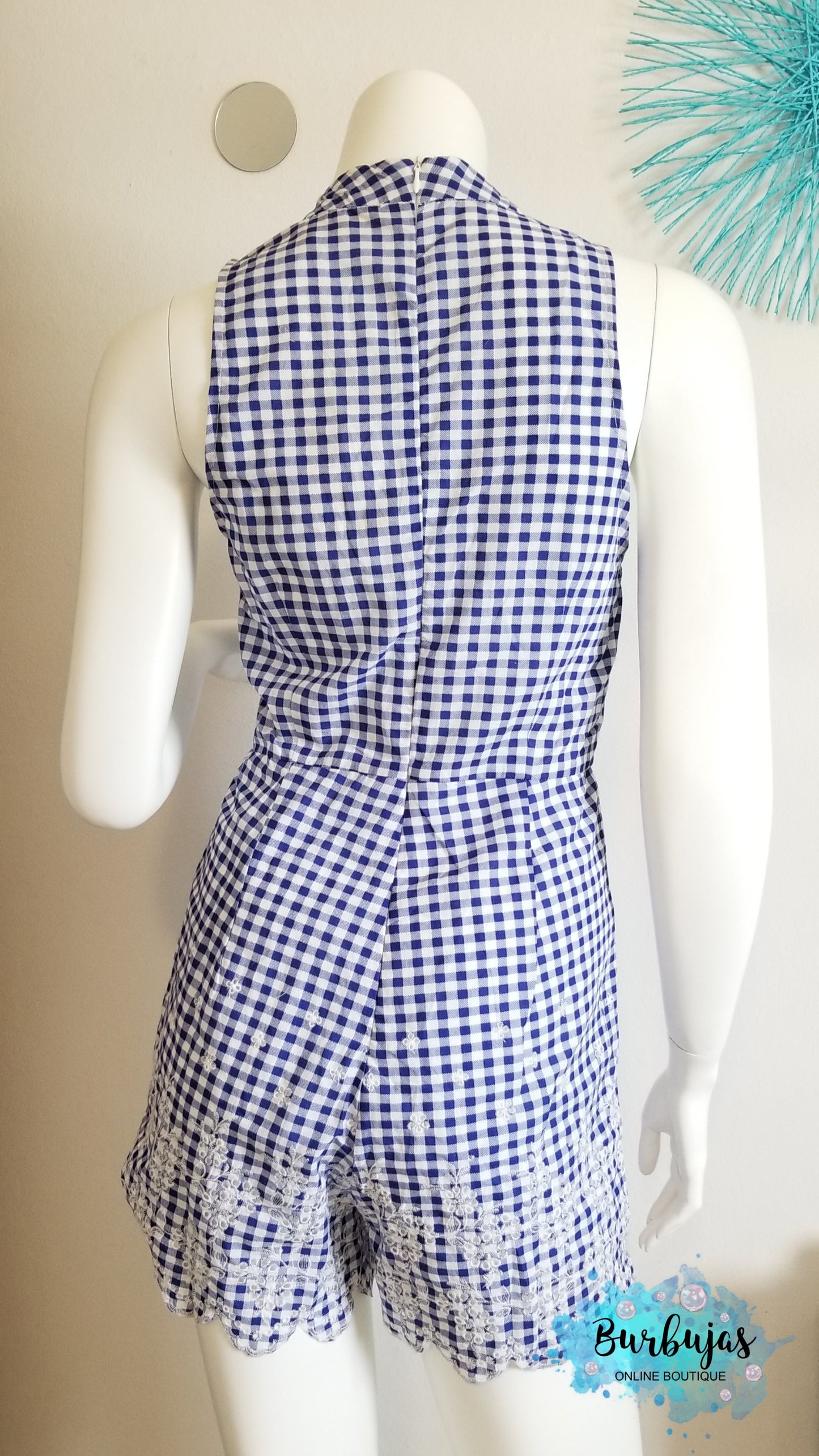 Blue and white checkered short romper, v neck