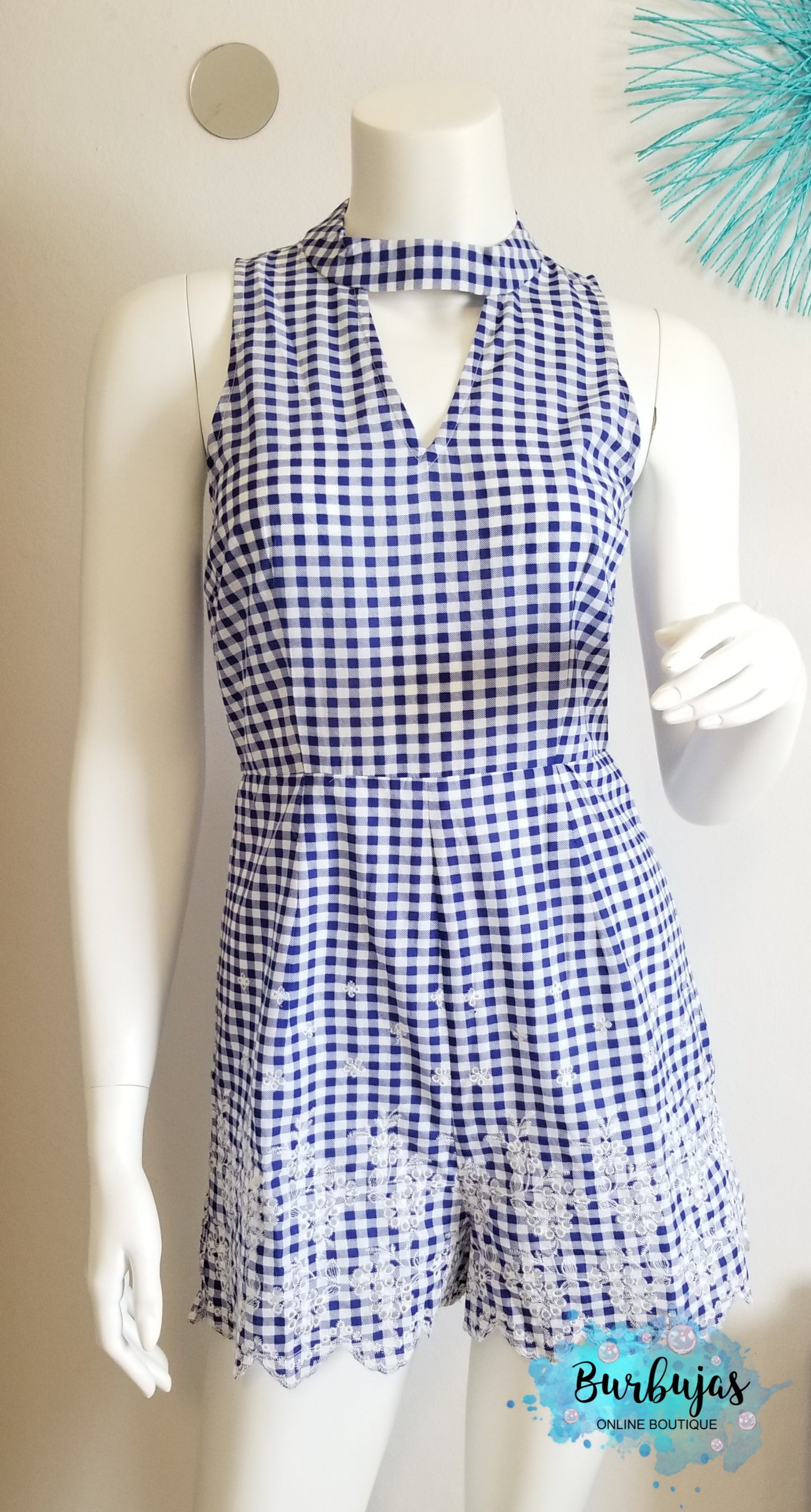 Blue and white checkered short romper, v neck