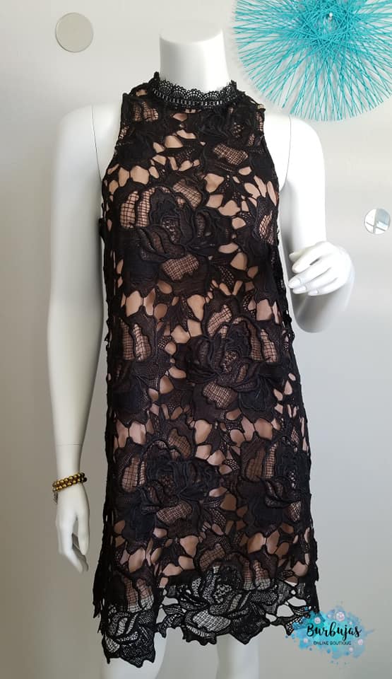 Black lace dress with cream lining and high neck, sleeveless