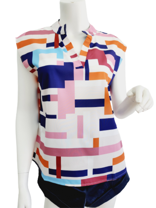 Top white background printed colors V neck