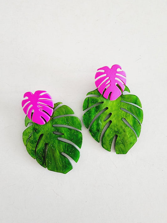Green and Pink Leaf Earring